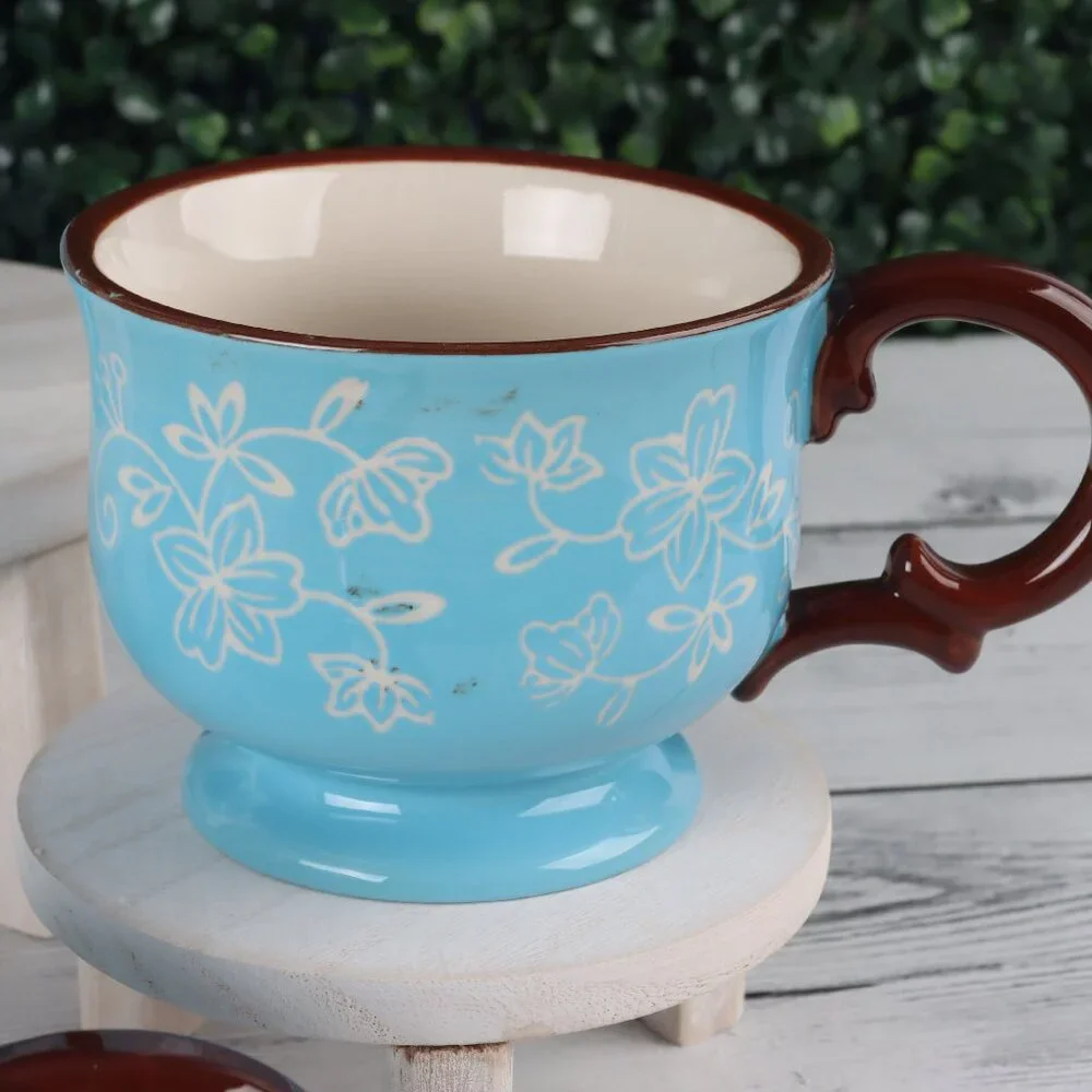 Tempt-ations Floral Lace Light Blue 10 oz Footed Tea Cups Set of 4 Rare Find!